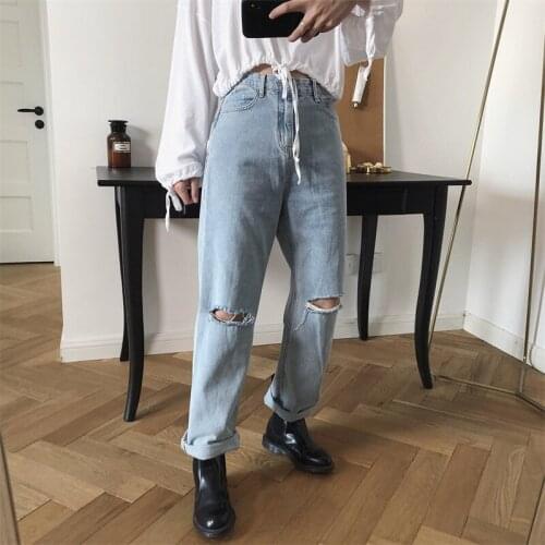 2021 New Summer Elegant Female Ripped Jeans Loose Solid Color Fashion Women Pants Casual High Quality Ladies Bottoms T205