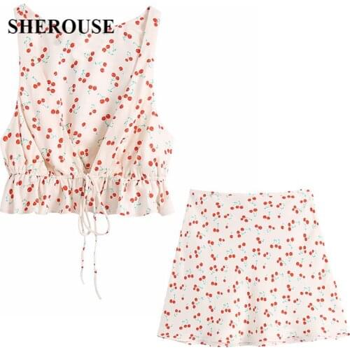 2021 New Summer Women 2 Pieces Printed Set V-Neck Cropped Shirt and Short Skirt Chic Lady Fashion Casual Women Outfits Suit
