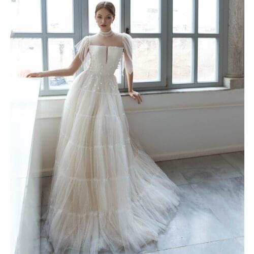 Eightree White Applique Wedding Dress Elegant High Neck Boho Backless Short Sleeves Dress Glitter Evening Prom Gowns Custom Size