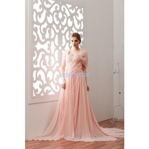 Free shipping 2016 hot sale new design custom color/size crystal with jacket small train evening gown pink chiffon evening dress