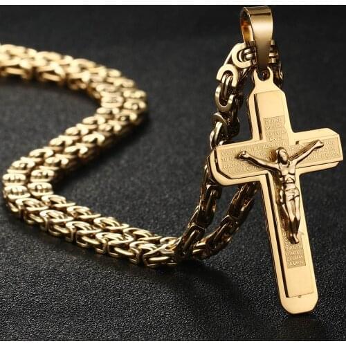 Jesus Bible Engraved Crucifix Cross Pendant Necklaces Trendy Byzantine Stainless Steel Men Chain Necklaces Fashion Jewelry NC01