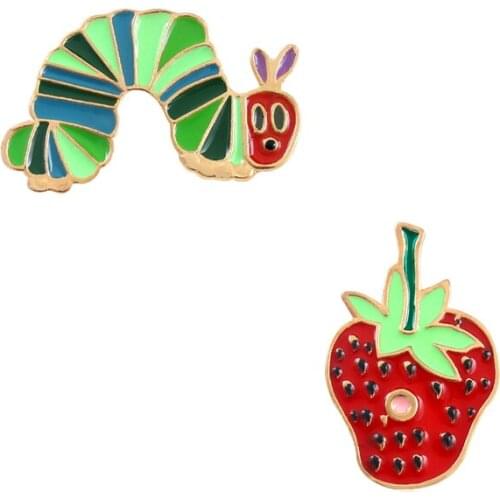 Big Green Insect Bad Pin Pink Strawberry Bitten Metal Enamel Brooch Cute Funny Child Backpack Hat Jewelry Accessories Gifts