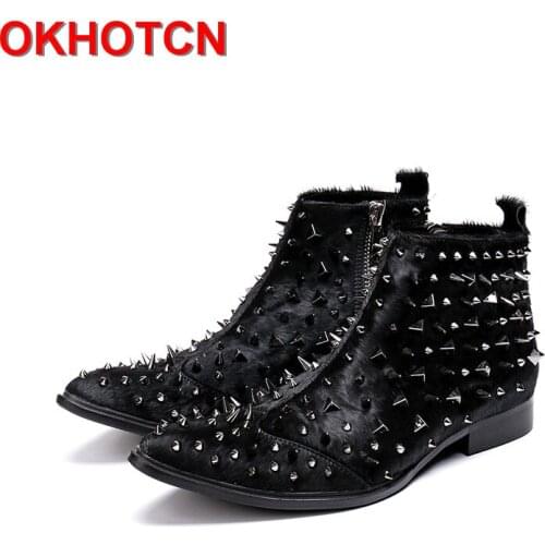 Horsehair Boots Men Plus Size Ankle Boots Fur Pointed Toe Genuine Leather Mens Boots Spring Autumn Solid Botas Hombre Rivets Zip