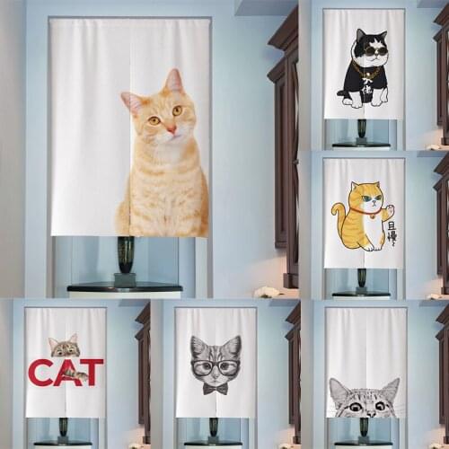 Black And White Printed Cat Cotton Linen Door Curtain Bedroom Partition Curtain Kitchen Half Panel Curtain Blackout Curtain