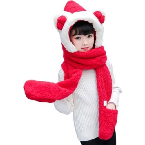 Kids 3 In 1 Warm Plush Winter Hat Cute Bowknot Bear Ears Scarf Gloves Hoodie Cap