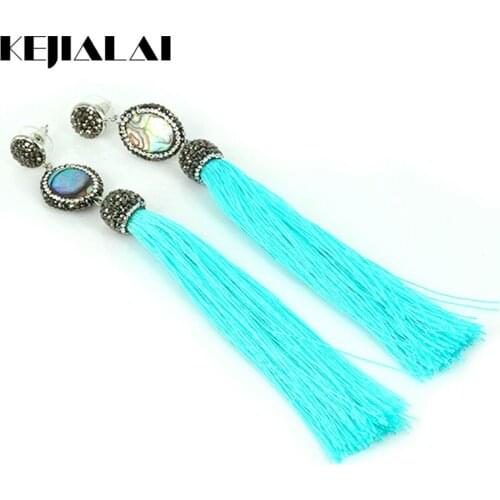 Kejialai Vintage Style Long Tassel Earrings Natural Stone Charm Pave Rhinestone Bohemian Jewelry Women Ribbon Dangle Earrings