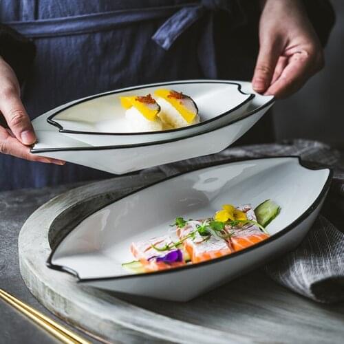 Ceramic Rectangular Boat Plate Simple Black Line Rectangular Plate Household Bakeware Nordic Tray Fish Plate Cheese Baked Rice P