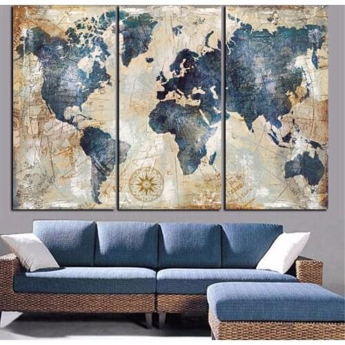 Modular Canvas Paintings Home Decor 3 Pieces World Map Pictures HD Prints Fashion Abstract Poster Living Room Wall Art Framework