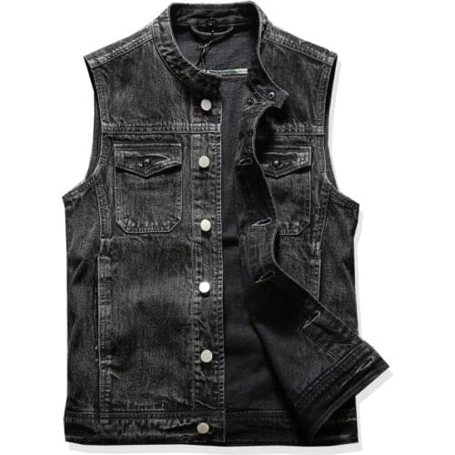 Pure Black Stand Collar Motorcycle Biker Denim Vest Fashion Cowboy Wasitcoat Men Casual Cotton Sleevless Jean Jacket Coat S-5XL