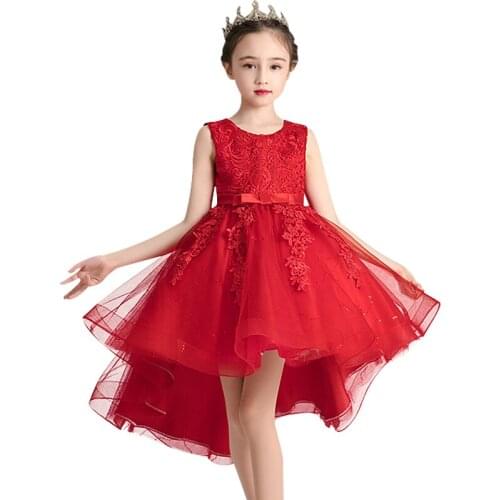 New Red Lace girl Princess Birthday Party Sequin dress girl 3-12 year Sleeveless Trailing princess Dress