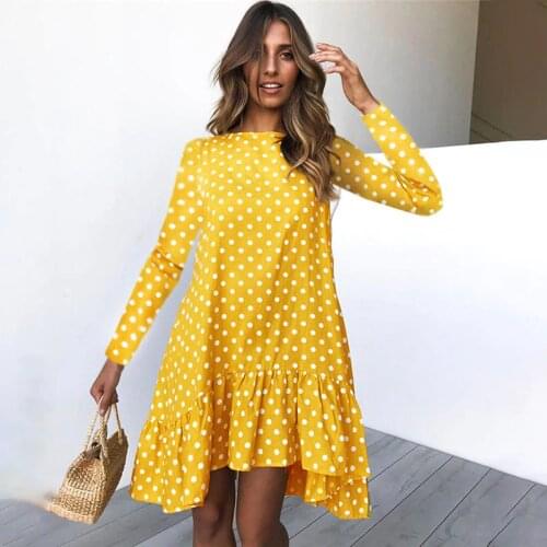 Autumn Fashion Polka Dot Dress Women Long Sleeve Ruffle Ladies Casual Dresses 2020 Yellow Losse Dress For Women Clothes Blue