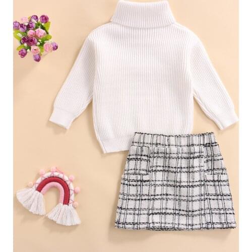 2 Pcs Infant Casual Outfits, Baby Girls Solid Color Long Sleeve Turtleneck Sweater + Plaid Skirt with Buttons 2021 New Fashion