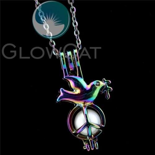R-C627 Rainbow Colors Flying Peace Birds Beads Cage Pendant Perfume Diffuser Aromatherapy Pearl Cage Locket Necklace