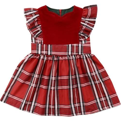 Xmas Sweet Pretty Toddler Baby Girls Party Dress Petal Sleeve Plaid Patchwork Knee-Length A-Line Dress Outfit 6M-5Y