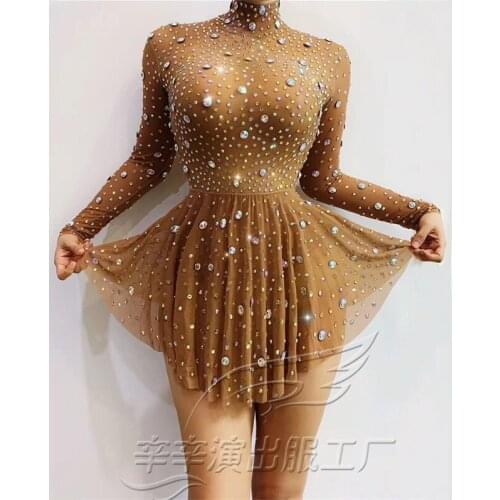 Sexy Transparent Rhinestones Long Sleeve Mini Dress Crystal Dance Costume Women Birthday Celebrate Party Outfit Show Stage Wear