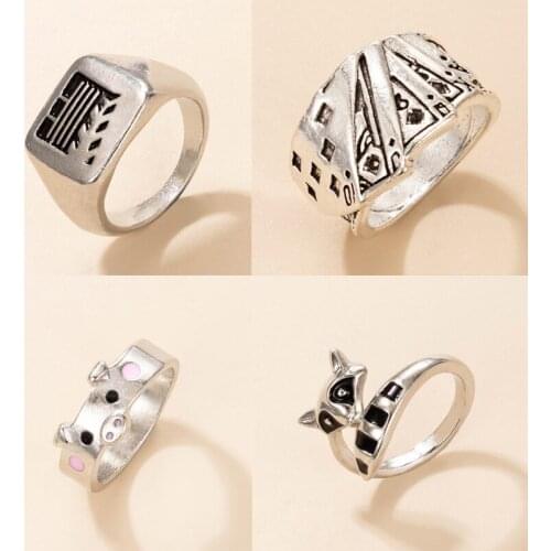 Tocona Creativite Playing Cards Fox Cute Rings for Women Men Charms Pig Poached Egg Alloy Metal Opening Ring Jewelry Anillo