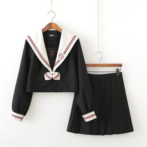 Japanese Sailor Suit Long Sleeve JK School Uniform Sets For Girls White Shirt And Dark Blue Pleated Skirt Suits Student Cosplay
