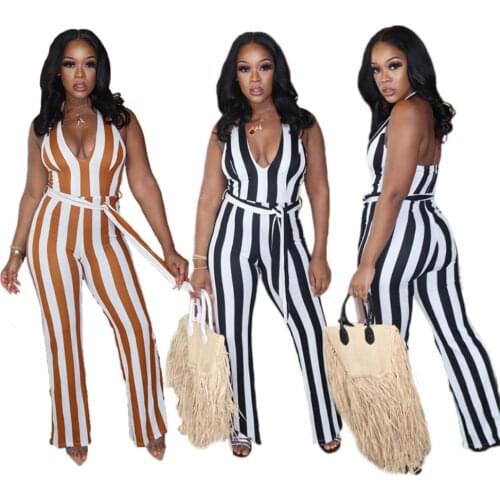 Womens Casual Bandage Rompers Stripe Printed Sexy V Neck Sleeveless Backless Halter Jumpsuits with Belt High Waist Flare Pants