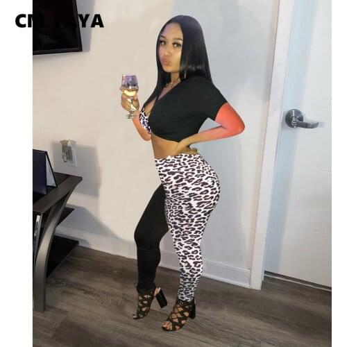 CM.YAYA Women Set Patchwork Short Sleeve V-neck Crop Tops Pencil Pants Two 2 Piece Sets Active Tracksuit Summer Outfit 2021