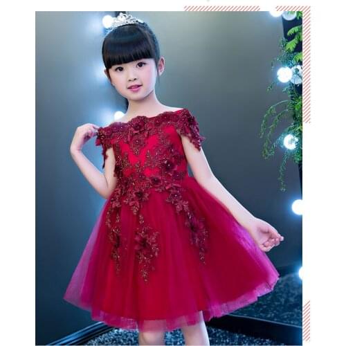 2017 New Girls Shoulderless Wedding Dress Red Lace Appliques Party Princess Birthday Dress First Communion Gown custom made