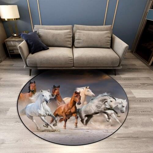 3D Horse Rug Round Living Room Decoration Animal Print Flannel Carpet Bedroom Chair Mat Bathroom Non-slip Mat Sponge Floor Mat