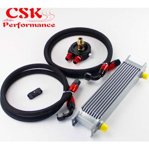 AN8 10 Row 248mm Universal Engine Transmission Oil Cooler British Type + Aluminum Filter Hose End Kit Silver