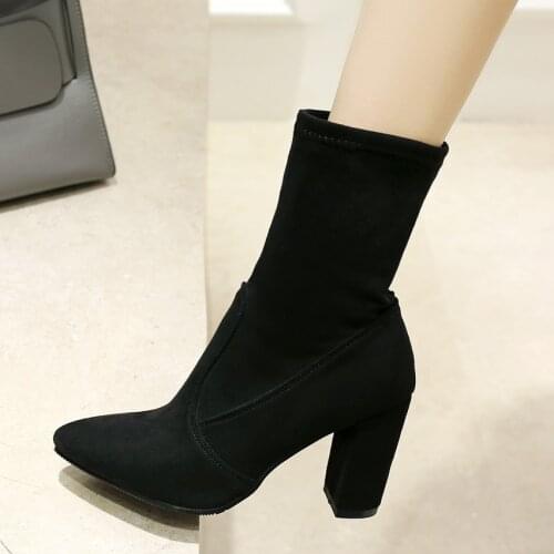 Korean boots womens shoes spring and autumn winter frosted elastic boots high heels thick heels thin legs pointed big size