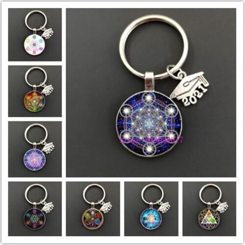 Mysterious Metatron Cube Keychain Sacred Geometric Shape Flower of Life Glass Pendant Magic Six Trigrams Keychain Unisex