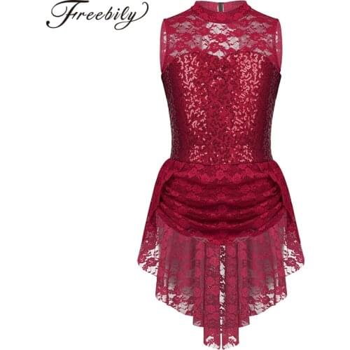 Kids Sleeveless Sequins Floral Lace Ballet Dance Leotard Dress Girls Figure Skating Gymnastics Leotard Lyrical Dance Costumes
