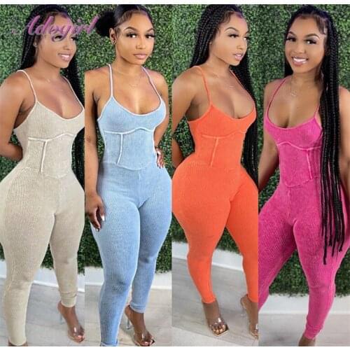 Fitness Sporty Yoga Rompers Casual Solid Rib Knitted Strapless Backless V Neck Activewear Jumpsuit Women Outfit Rompers Overalls