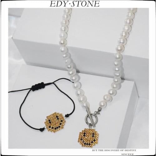 EDY Korea Smiley Pearl Necklace Fashion Clavicle Chain OT Buckle Temperament Sweater Short Necklace For Women Girl Party Jewelry