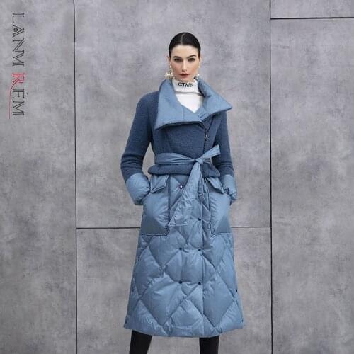 LANMREM patchwork double-breasted turn-down collar flare waist new 2021 large size mid length down coat with belt for women 1564