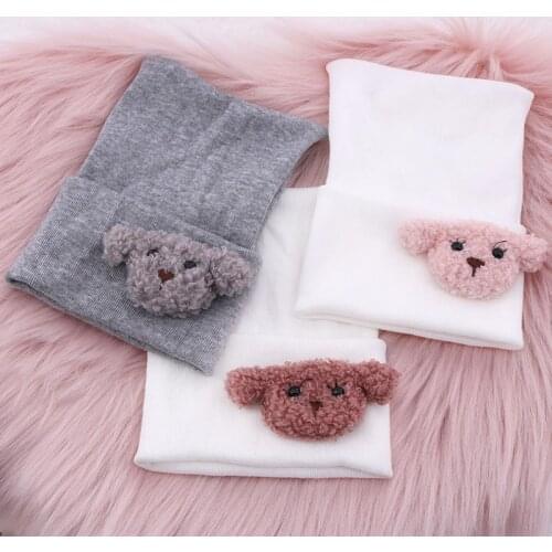 Cute Teddy Bear White Cotton Knitted Beanies Hat For Baby Girls Boys 0-4 Month Kids Childs Winter Hats Soft New Born Bonnet