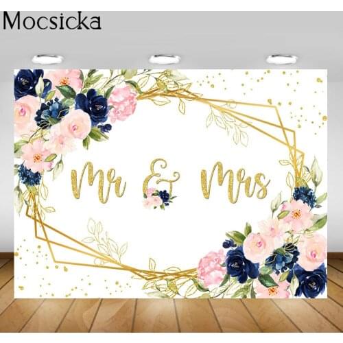 Mocsicka Mr&Mrs Wedding Photography Backdrops Bride Bridegroom Name Customize Photo Background Decoration Floral Gold Polka Dots