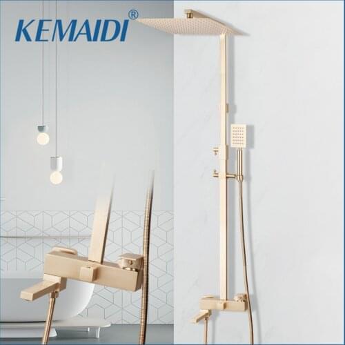 KEMAIDI 12" Brush Gold Rainfall Shower Faucet Set Single Lever Bathtub Shower Mixer Faucet & Storage Shelf Shower Water Tap