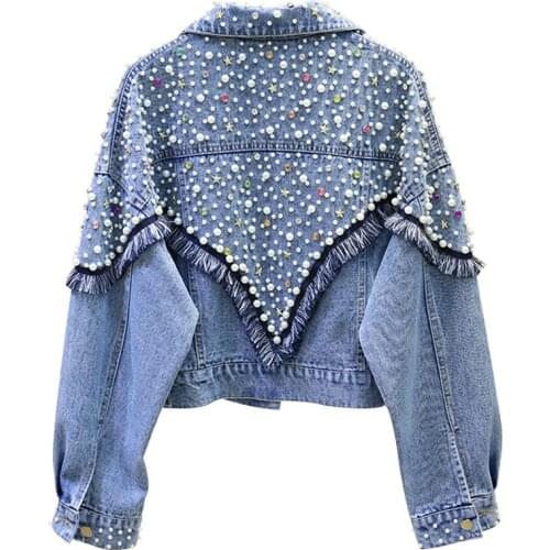 2021 Spring Autumn New Fashion Heavy Industry Bead Washing Denim Jacket Coat Women Loose Short Cowboy Coats Studded Jeans Jacket