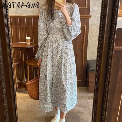 Matakawa Dresses for Women Autumn Sweet Romatic Floral Print Round Neck Pleated Lace Up Slim Waist Vestidos Fashion Long Dress