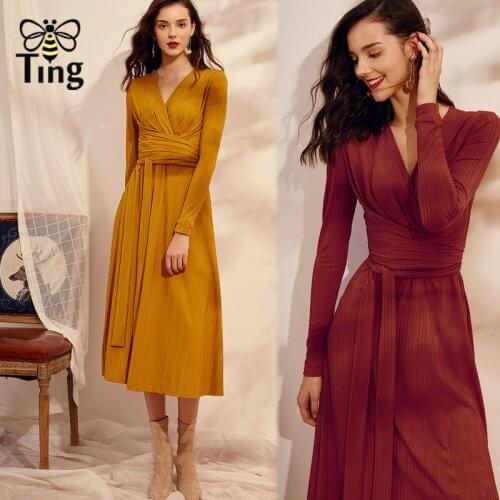 Tingfly 2020 Spring Vintage ELegant Slim A Line Midi Long Dress V neck Party Dresses Office Lady Vestidos with Sashed za clothes