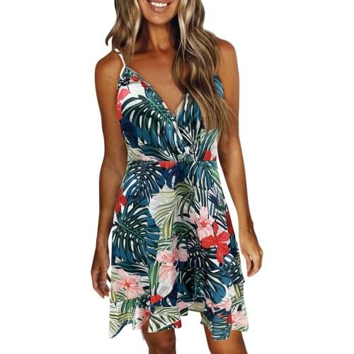 Women Summer Dress V-neck Strap Printing Pockets Dresses For Women Holiday Vacation Beach Dress Ladies Sundress Vestidos