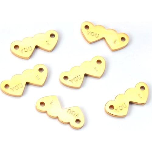 ASON 10pcs/Lot Stainless Steel Gold Color Heart to Heart Pendant Bracelet Necklace Charms for Jewelry Making Accessories
