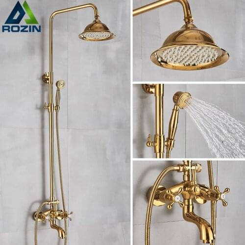 Rozin Gold Bathroom Shower Faucet Set Wall Mounted Brass Shower Faucet with Tub Spout Hot and Cold Water Dual Handles Mixer Tap