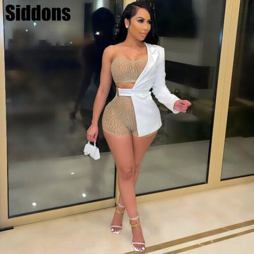 Sexy 3 Piece Sets Mesh Rhinestone Crop Top Shorts Sets Unique Womens Outfits Blazer Suits