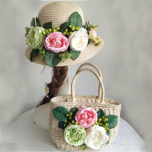 Bags for women summer rattan weaving bag with straw hat summer holiday beach bag for ladies Flower Straw Basket Beige purse