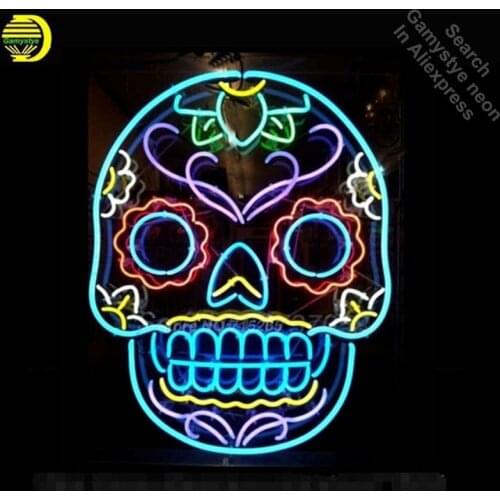 Tattoo Skull Neon Sign Skull Beer Pub Neon Bulbs Room Recreation Windows Neon Signs Real Glass Tube Handcraft Best Gift VD 24x20