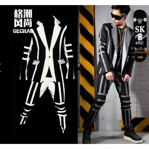 Trends New Male Singers Reflective Stitching Cool Suit Plus Size Jackets Nightclubs Bars Hairdressers Suits Men Stage Costumes