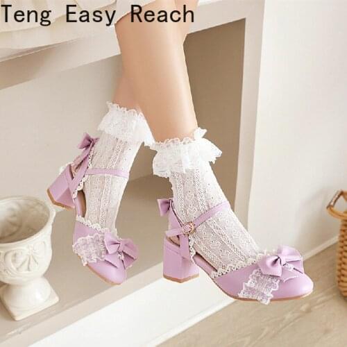 Women Mary Janes Pumps Cute Bowtie Princess Lolita Shoes Ladies Square High Heel Princess wedding Cosplay Big size 48