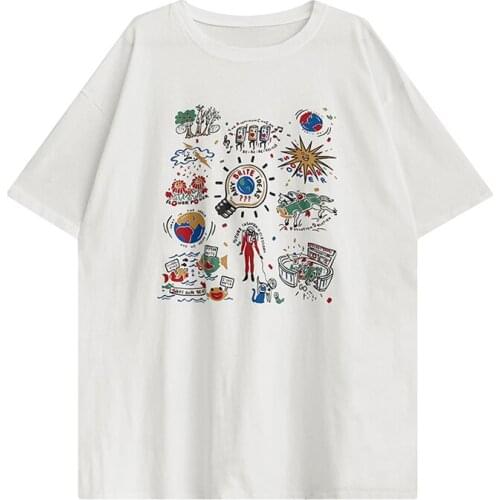 PERHAPS U Women White O Neck Print T-shirt Loose Short Sleeve Cotton Top Summer B0548