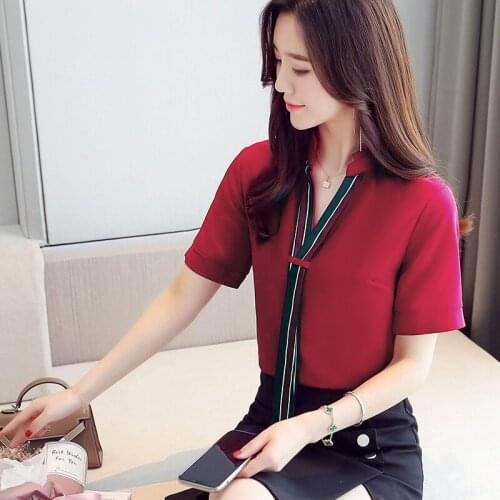 Womens Shirt Chiffon Blouse Short Sleeve V-neck Top Fashion Woman Blouses 2021 Blusas De Mujer