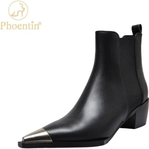 Phoentin Genuine Leather Chelsea Ankle Boots Womens Mid Heel Chunky Short Boots Autumn Fashion new Cowboy white shoes FT1676
