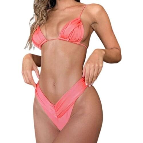 Women Pleated High Cut Backless Lacing Bra Thong Two Piece Swimming Suit Bikini for Beach